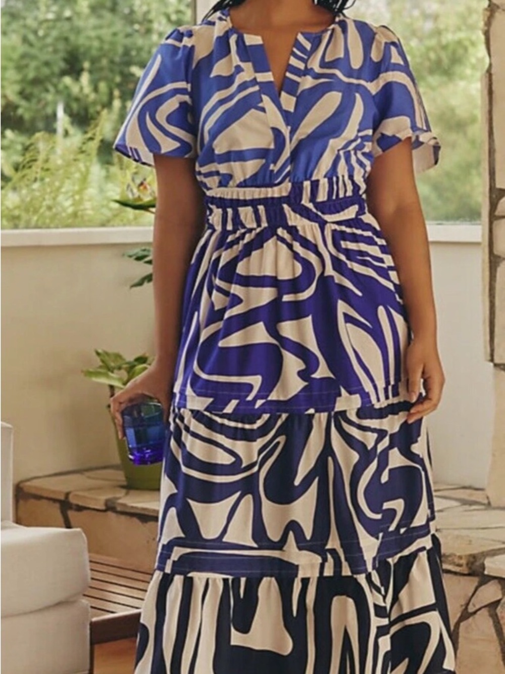 Anthropologie Blue and Cream Abstract Maxi Dress
